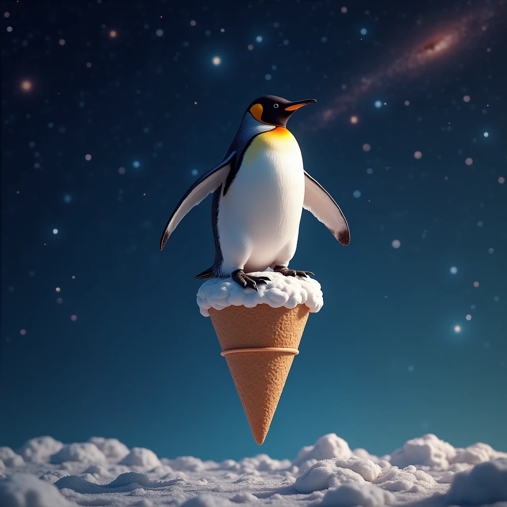 A photorealistic image of a penguin standing on a floating ice cream cone in outer space, surrounded by stars and galaxies.
