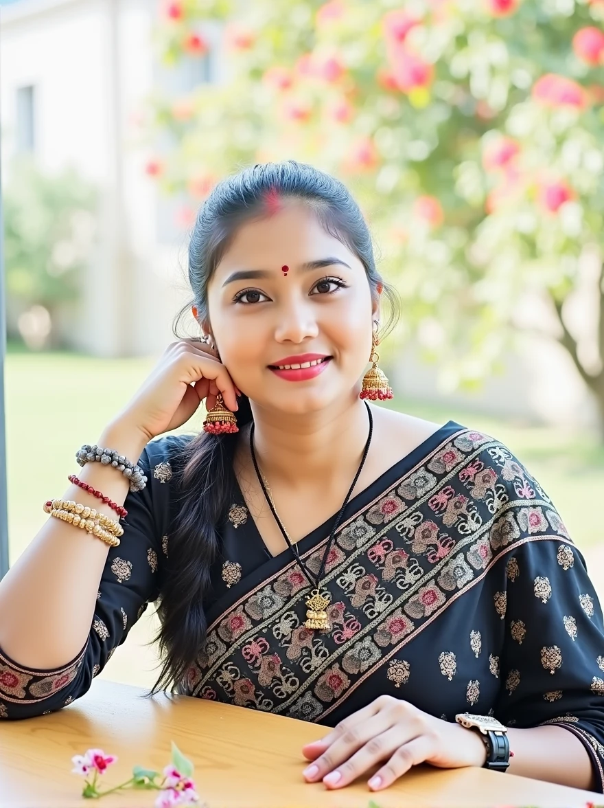 A 25 Indian women, in a red designer saree,beautyfull face,light skin color,shy smile,looking at viewer,jhumka in ears,poney tail hair style,day light,glowing skin,black bindi in her forhead,flower garden background,full body,8k,ultra detailed