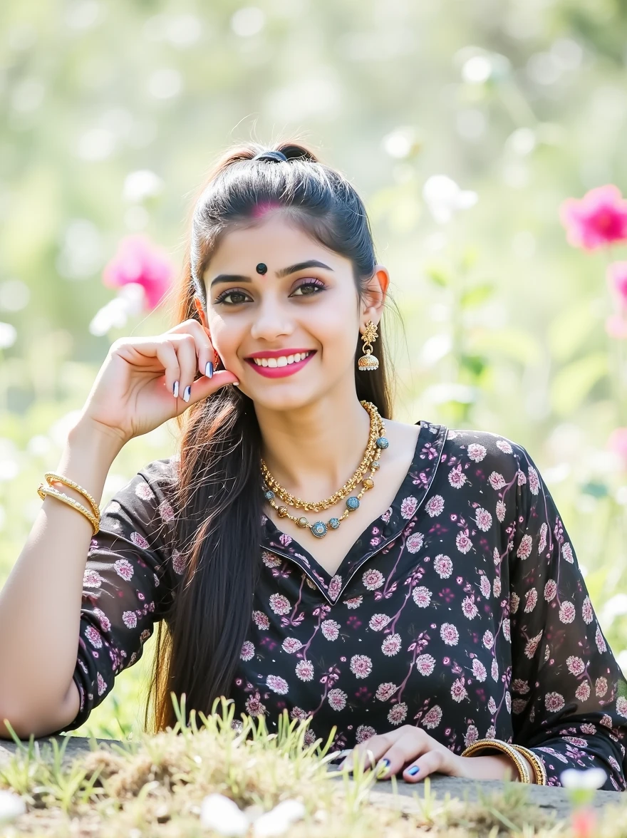 A 25 Indian women, in a red designer saree,beautyfull face,light skin color,shy smile,looking at viewer,jhumka in ears,poney tail hair style,day light,glowing skin,black bindi in her forhead,flower garden background,full body,8k,ultra detailed