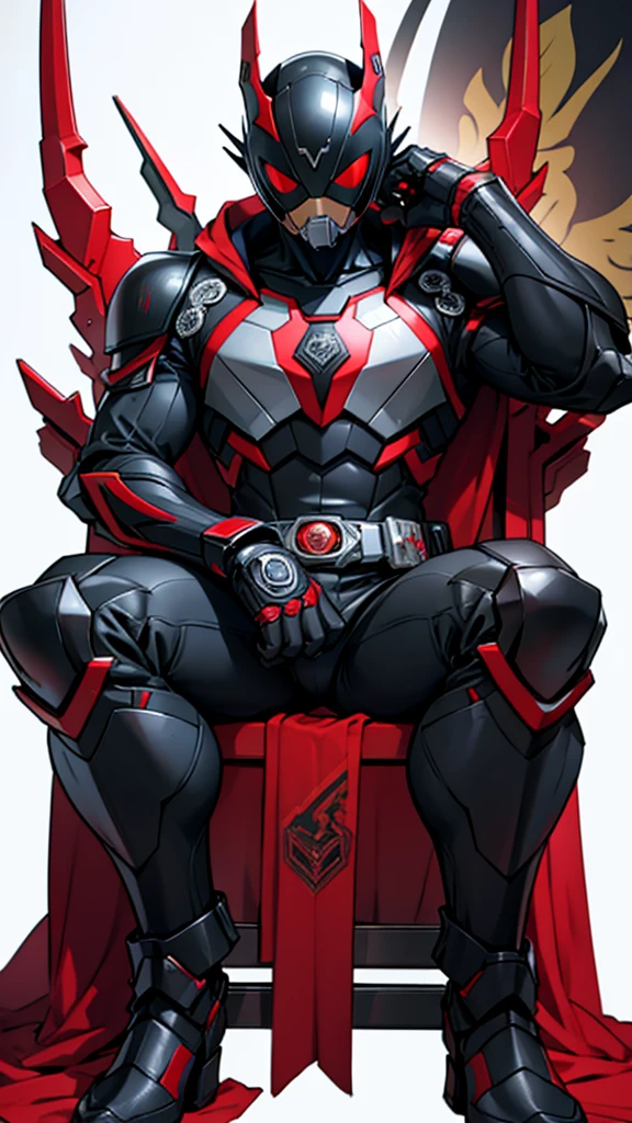 Kamen Rider Decade, red eyes, black armor, sits on a throne.