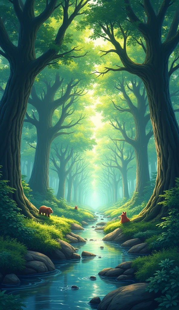 /imagine prompt: Viral anime nature wallpaper in 4K quality, in the style of digital illustration
inspired by Hayao Miyazaki, featuring a serene forest with towering ancient trees, dappled
sunlight filtering through the leaves, a gentle stream flowing through the scene, and mystical
creatures peeking from behind the foliage; vibrant and warm color temperature, cosmos
lighting with stars twinkling in the sky, no human characters, the atmosphere is tranquil and
enchanting --v 5 --stylize