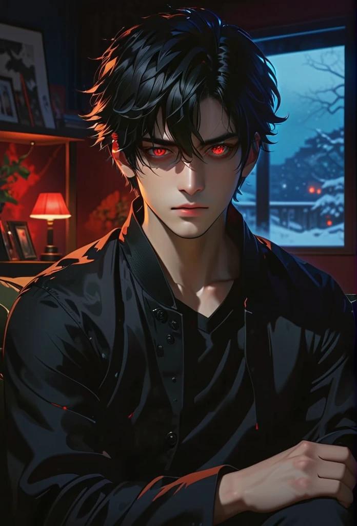 Men 1,Anime,black hair,red eyes,cold,Dark theme,Lighting in the living room