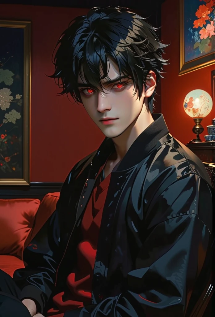 Men 1,Anime,black hair,red eyes,cold,Dark theme,Lighting in the living room