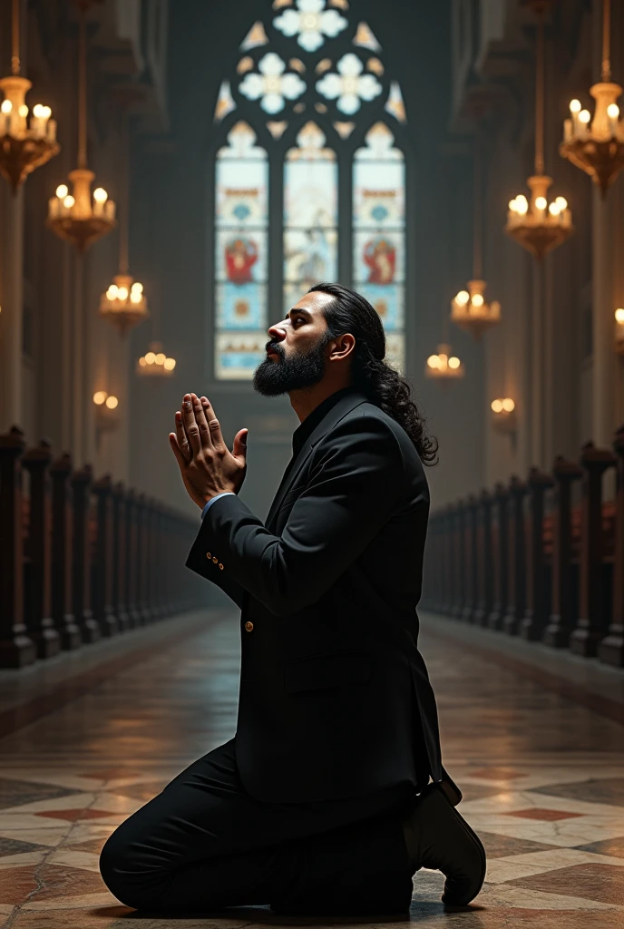 Beautiful long liss dark hair man lowed beard on knees praying hands at cathedral on beautiful black suit sad expression front view face