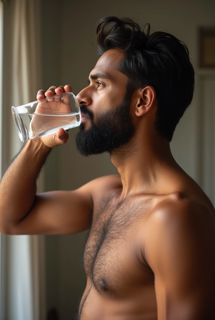 A person drinking a glass of water. indian man