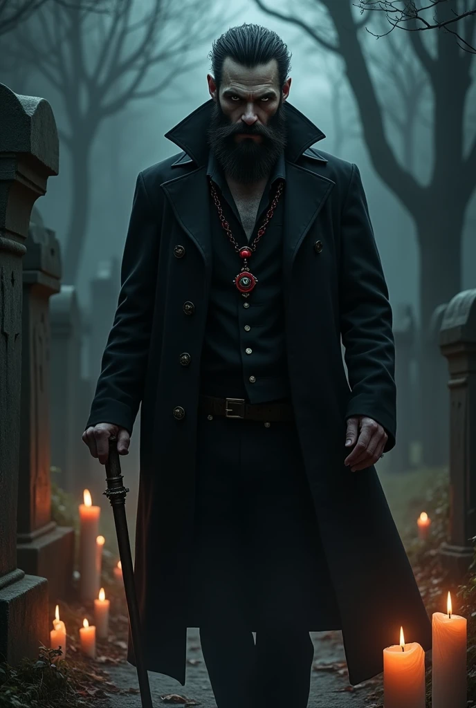 Beautiful man, evil smile, barba, black guys, layer negra detalles en rojo, comment, lit and melted candles, red and black necklace, dark, whiskey glass, layer, smiling, stuffed body, walking through the cemetery, Cigarettes, in it, black guys, walking stick, necklace with red and black beads , exu layer preta umbanda layer negra y roja , evening, macabre laughter
