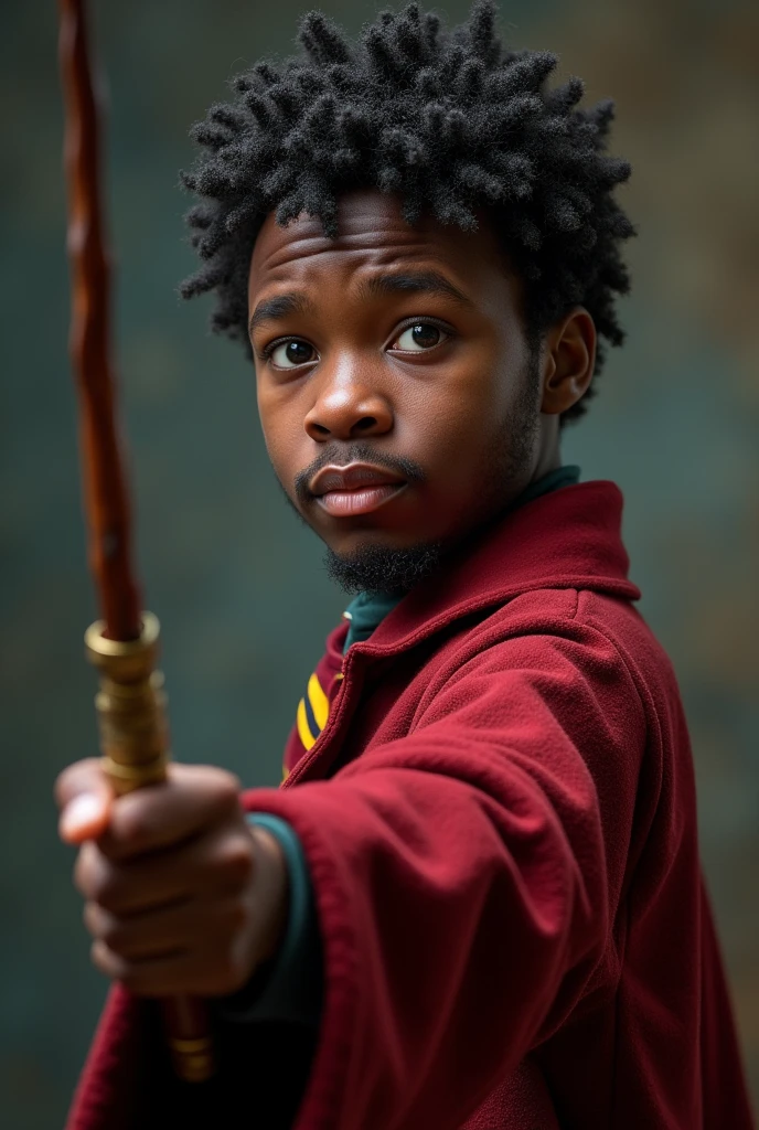 Generate an image of a young dark-skinned man, short dark curly hair and short beard, wearing a Gryffindor uniform and holding a magic wand.