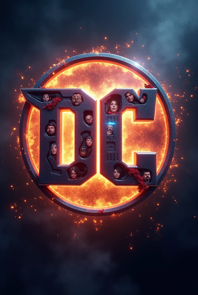 Draw the logos of the DC and Marvel universes together to create a really cool logo with little faces of the heroes and around it is a kind of aura