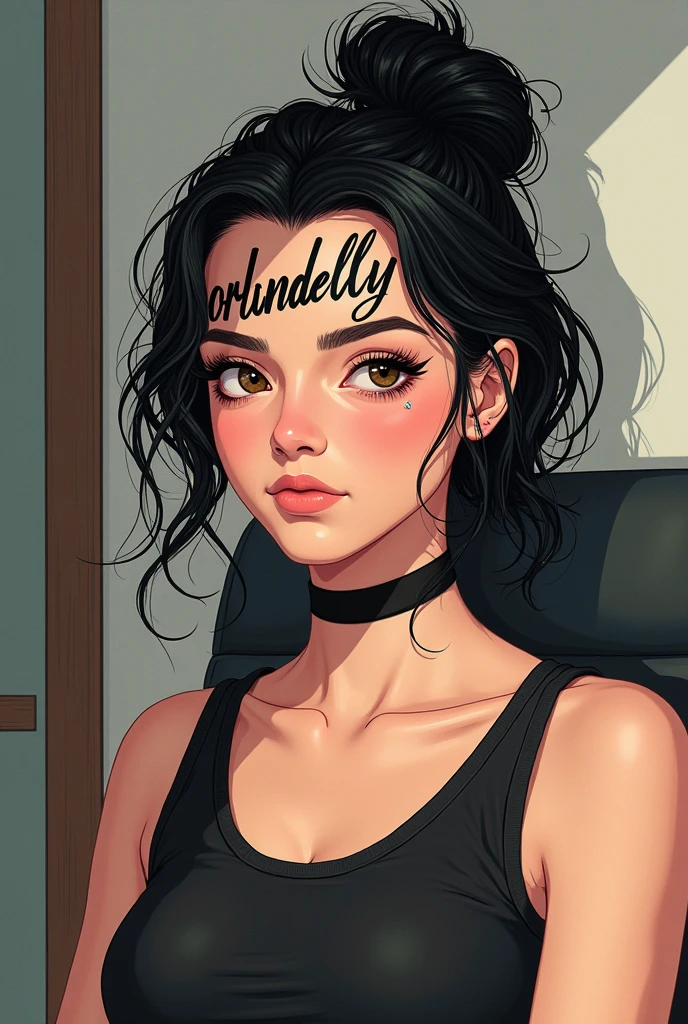 A girl who is getting a tattoo on her forehead which say’s ORLANDELLY