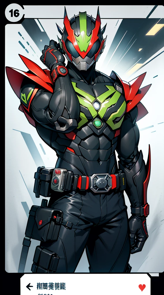 8K、Crisp Contours、soio、cyberpunked、near future、Mechanic Hero、superhero、Hero Suit、tokusatsu hero、Kamen Rider、rifle、Heisei Rider、Reiwa Rider、Transformation Belt、The transformation belt has a card insert.、Kamen Rider transforming with cards、Mechanic helmet、Mechanical Armor、stylish、action、full bodyesbian、From head to toe、Make your transformation belt stand out、Possession of the card holder、Pose holding a card、Large compound eyes、Two tactile sensations、Jagged jaw parts、Full-face helmet、Eyes and belt are shining、Kamen Rider cards scattered in the background、The motif is grasshopper、