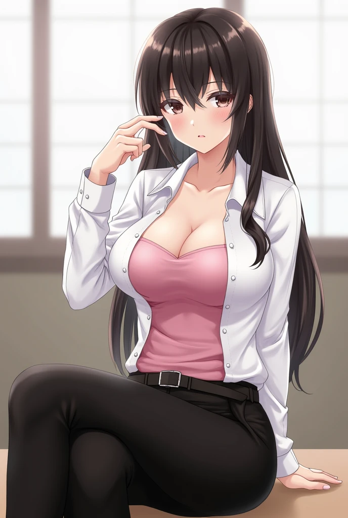 1girl, sofiatakigawa_jav, breasts, eyelashes, looking at viewer, cowboy shot, sitting, crossing legs, dynamite lighting, attractive body, wearing office attire, white blouse, pink singlet, belt, black pants,
(ulzzang-6500:0.0), (ultimate quality, masterpiece, highres:1.0), (photorealistic, realistic:1.9), nice hands,