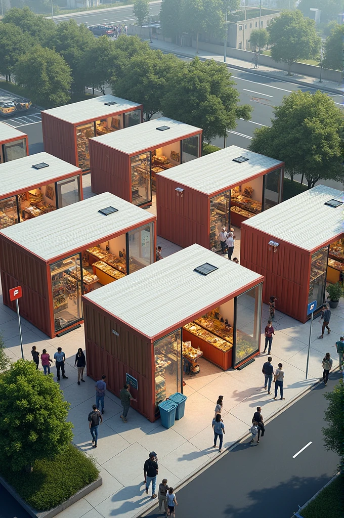 10 units of prefabricated container shops with these dimensions lenght 2.43m width 2.43m and height 2.62m, they are placed 3 meters apart at a business center near the main road witu a good landscape, public toilets, big trash bins and people moving around shopping.