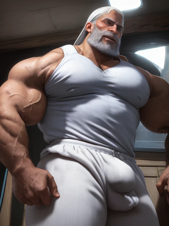 (RAW style, masterpiece, best quality, ultra-detailed), A captivating old-age heavy trucker-driver portrait, raining, sweat, lomg grey hair, (brown skin color), ((very dark skin)), (black skin), (wet detailed bulge), big crotch, big bulge, large juicy wet oily hairy pectorals, raining and all the wet sweat is dripping on his chest, detailed glossy speedo, ((bigger nose)), (big old man nose), (photo realistic underwear bulge), Strong and muscular with a hairy, a wild muscular old man, blue charming eyes, huge arms, attractive strong men ,bodybuilder physique, his clothes is shiny, showing a very hairy groin area, Realistic and Dynamic Lights illuminating every detail, Old and weathered features with visible stubble, Full Shot for maximum impact, Trending on ArtStation and CGSociety for its High Detail and Sharp Focus, Dramatically lit with intriguing shadows, radiating a raw, photorealistic Reality, detailed speedo, big underwear bulge, from below, Old man, JP, An award-winning original photo, ( brown skin color), long gray hair, full white beard, A wild muscular old man, (80 years old daddy:1.1), 1boy, Solo, (tanktop), (big shoulders), musculature, stubbles, dark skin, long grey hair, thick grey beard, Detailed face, (evil smile), blue eyes, veins, wrinkles, big old man nose, nose with pronounced bridge and outward curve that protrudes from the base of the nose, dark olive skin color, brown skin, veins, absurdly huge nose, hawk nose, convex nose, well groomed moustache, (flexing his biceps), Dynamic Angle, volumetric lighting, (Best quality, A high resolution, Photorealistic), Cinematic lighting, Masterpiece, RAW photo, Intricate details, hdr, upper body shot
