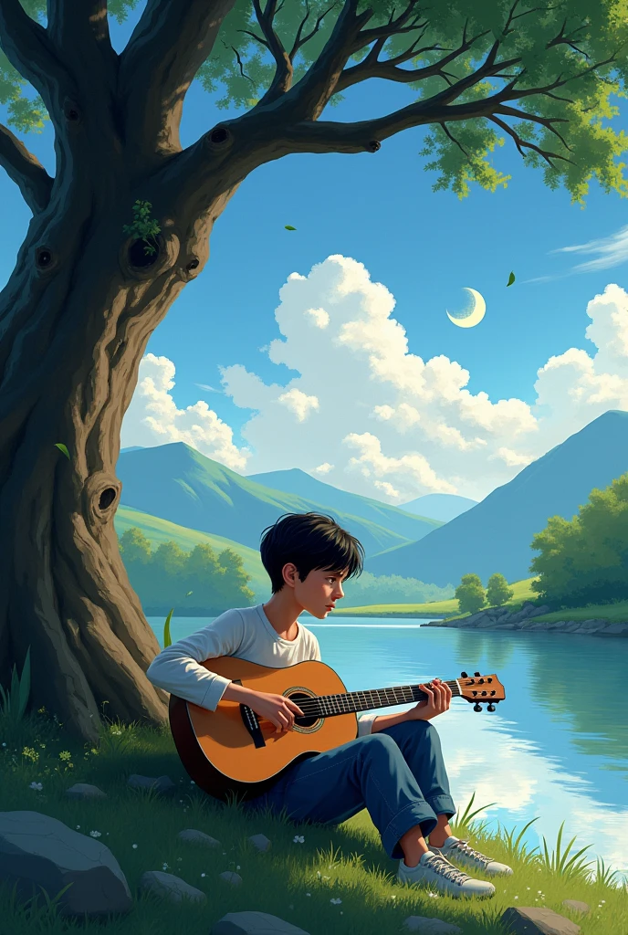 A Boy sitting with guitar, near river under tree where leaves are falling and singing song in the memory of a girl and the scenario is quite scenery type with birds,mountains, and moon and in clouds there is a face of girl 