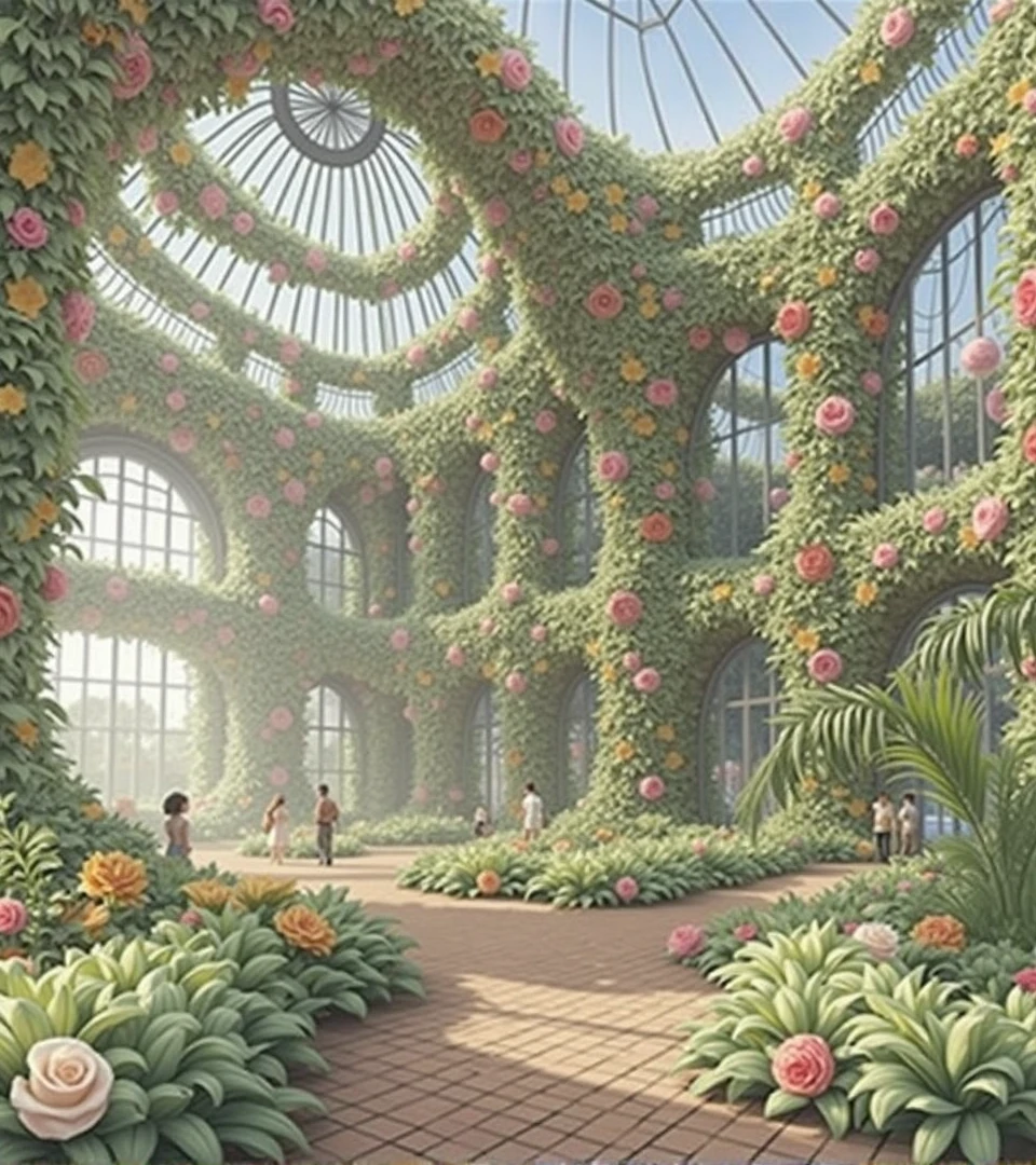 botanical garden、Glass dome、greenhouse、Soft watercolor、Tropical plants