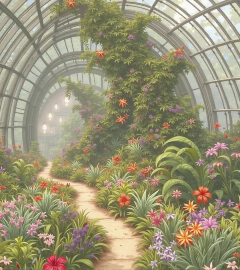 botanical garden、Glass dome、greenhouse、Soft watercolor、Tropical plants