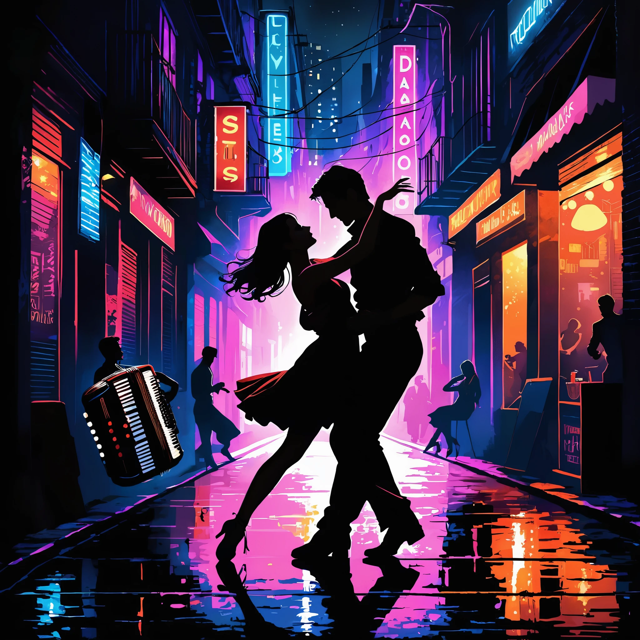 An atmospheric urban scene at night featuring a tango dance in a narrow alley, illuminated by flickering neon lights. The setting is filled with the sound of an accordion and the pulse of drums, creating a passionate and intense atmosphere. Dancers are silhouetted against the neon glow, their movements dramatic and full of emotion. The environment captures the gritty romance of the city, reflecting the struggle and beauty of urban life through the art of dance, surrounded by echoes of music and the shadows of the night