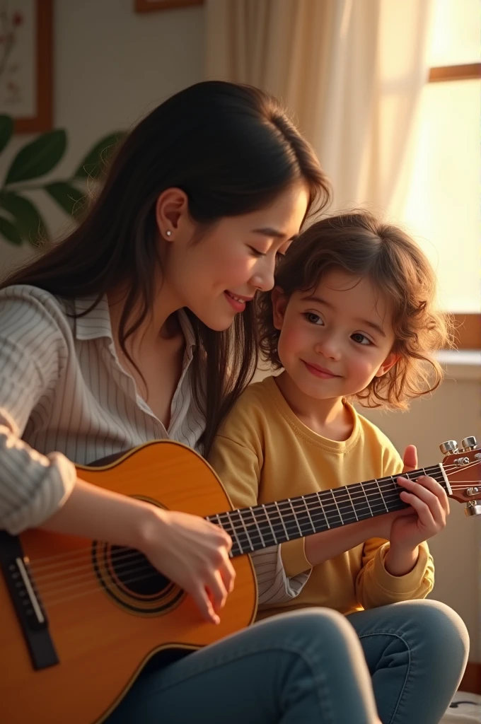 Mother and daughter are playing guitar
