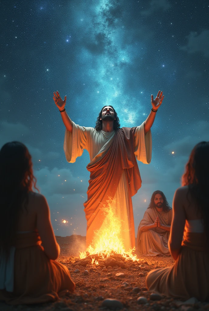 Shamanic Jesus thanking the creator around the cosmic bonfire under the light of the universe