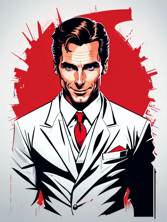 White t-shirt design,Patrick Bateman, in American Psycho (1999) white background, vector, sticker art,Christian Bale.creepy smile.dynamic pose.
