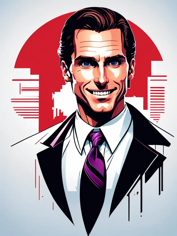 White t-shirt design,Patrick Bateman, in American Psycho (1999) white background, vector, sticker art,Christian Bale.creepy smile.dynamic pose.
