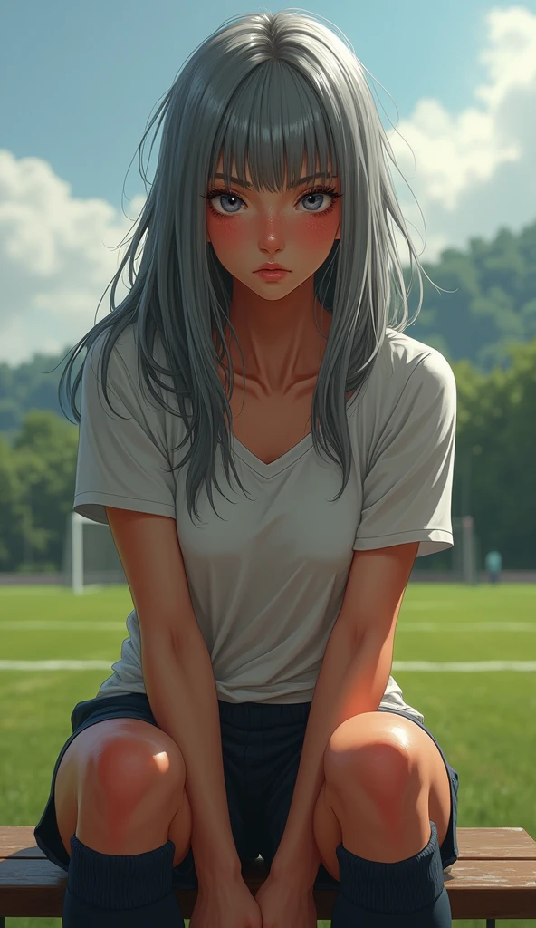NSFW,Dynamic composition,dutch angle,full body,Focus on legs,{{masterpiece}}, {{{Highest quality}}},{{Very detailed}},1girl,30years old,{Mature Woman}},Female soccer players, {{open the legs:1.6}},{{Sitting on a bench}},{{raise one leg}},{{Loose-fitting shorts:1.6}},shoes,,clavicle,,{{v-shaped eyebrows}},Bad mood,blush,Sweat,raise one's eyebrows ,{{View your viewers}}gray long hair,Blunt bangs, {{open the legs:1.6}},S,knee sock,soccer fields in the countryside