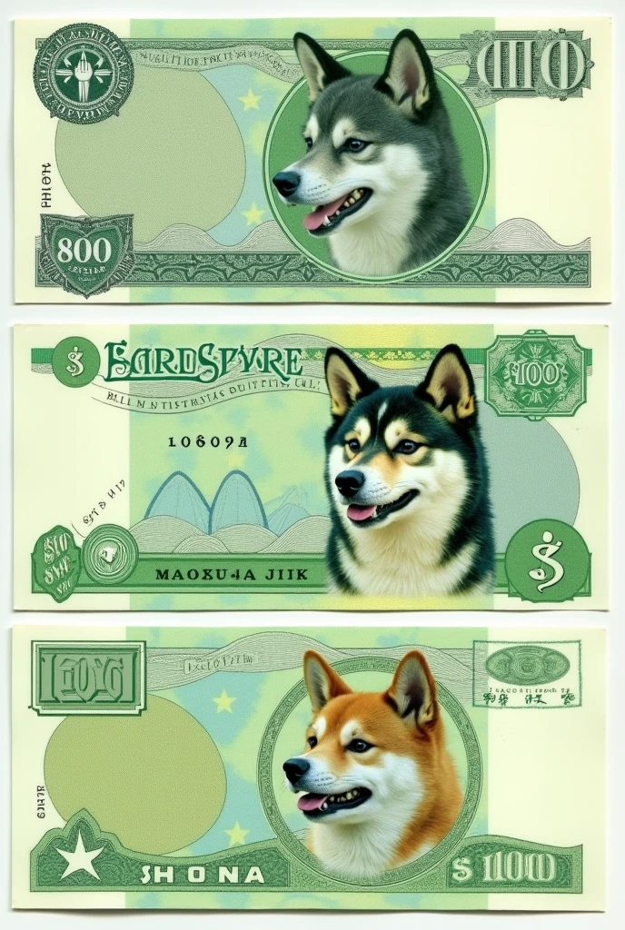 green money note called shiba inu. rectangular, with a less realistic shiba dog's head in a circle in the middle to the right corner, three wavy lines from the top to the bottom of the note, in the middle of the first and last closure of these lines several small blue triangles. the value of the note is in the lower right and upper left corners, sendo $ 100, Furthermore, in the lower left corner there is a triangle with another triangle inside with the word shiba written on it and the dollar sign in a circle..