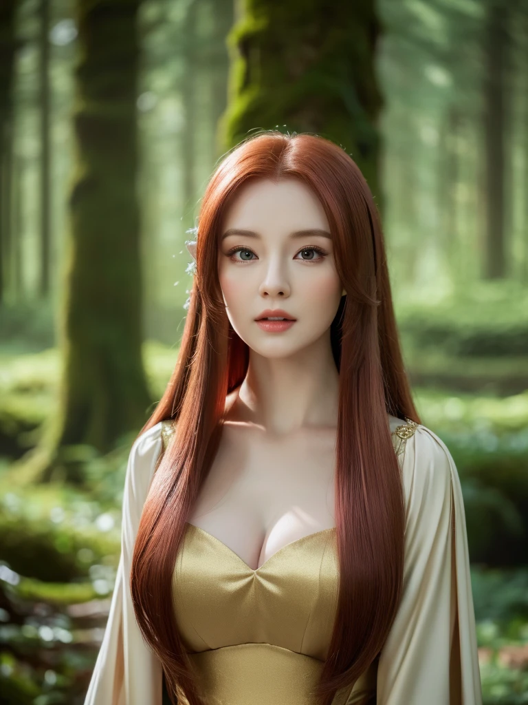 a beautiful redheaded asian girl, VERY LONG and very very very SILKY HAIR, very elegant elf dress, dense forest, no sunlight, detailed face and eyes, very big tits (best quality,4k,8k,highres,masterpiece:1.2),ultra-detailed,(realistic,photorealistic,photo-realistic:1.37),magical fantasy atmosphere,fantasy,concept art