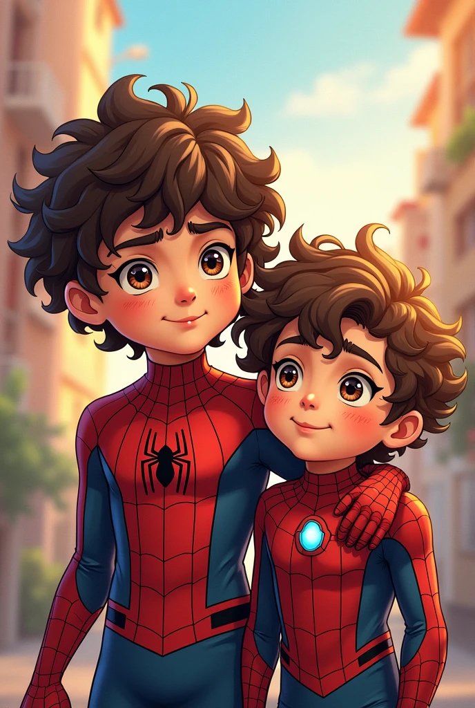 two boys, one of 3 years and the other of 1 year, both with curly brown hair, with light brown eyes, in manga style, one inspired by Spider-Man and the other inspired by Iron Man
