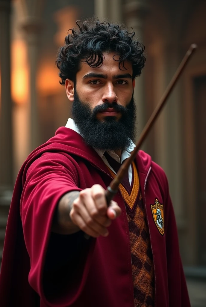 Generate an image of a young Latino man, short dark curly hair and full beard, wearing a Gryffindor uniform and holding a magic wand.