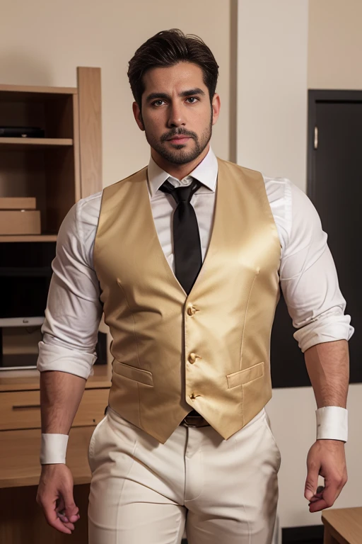 HD 4k wallpaper  handsome man blanco rubio sajon muscular strong and muscular legs, physicist-culturist ,((( well-built))), big lump, in white pants, (((White shirt and black tie and beige and golden hecked vest with gold trim))), well-built, eyes alpha, close up, perfect hands with leather gloves, With a goatee  big bulge 
captivating eyes, perfect face, hyper realistic ultra realistic great detail, in the office, eyes,  35  años de edad 
