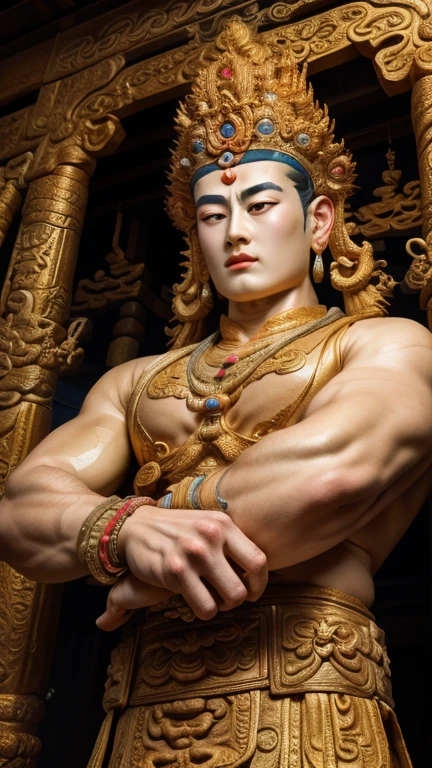 masterpiece,Best quality at best,UHD,8k wallpaper,actual,masterious,(realisticlying:1.4),1 Giant men,full bodyesbian, a housand Hands god, Guan yin  style , Multiple hands holding some holly chinese weapons, he is in an ancient style temple , fantastic dunhuang outfits, olot of jewelry detail, holly lighting ,, beautiful korean face with compassion 