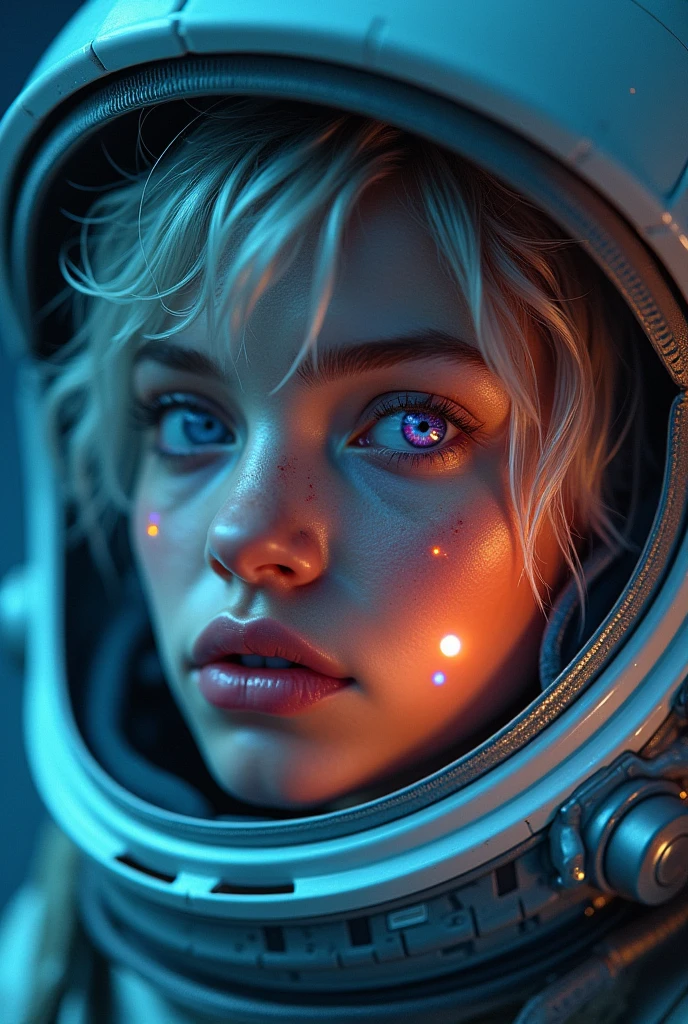 (Close-up of a better masterpiece:1.5)0.9], (Space and astronauts:1.2) (Messy silver hair:1.1) (Heterochromia xanthochromia and blue eyes:1.2) (Space Helmet:1.0) (Colored stars in the eyes:1.0) (A radiant glow:1.1) (thick lips:0.9)