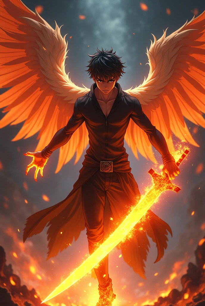 A 19 year old boy with tight fit clothes with wings and demonic hands and flame energy around him holding a fire contructed sword in anime style