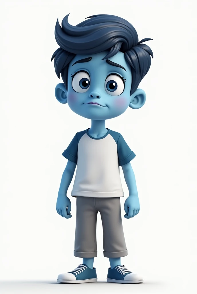 Create a 2D character with blue skin. The character must be approximately 16 years old, with a somewhat discouraged expression. The hair can be any color you think suits you best.. The character must be taller and wear neutral clothing, like a white shirt with blue sleeves and pants in whatever color you think suits you best. Make sure the lines are clear and clearly visible., using black lines to define the contours.