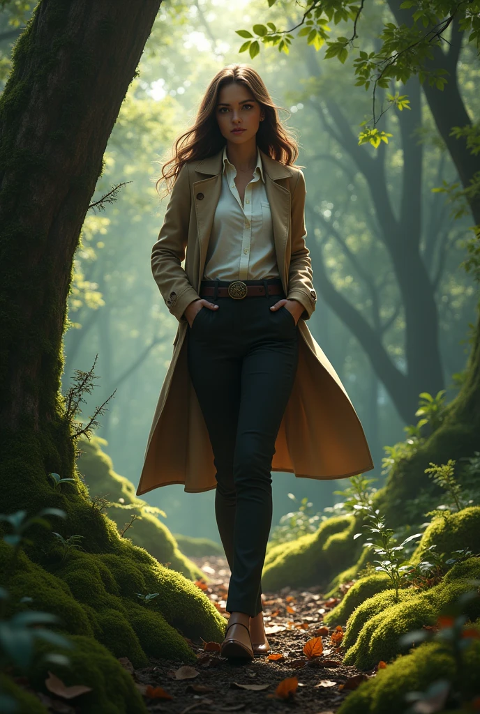 A cute white woman with brown hair, in detective clothes in the middle of a forest