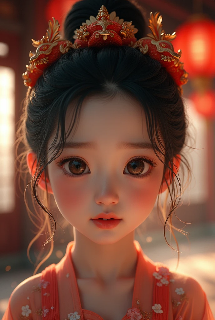 Best Picture Quality, Masterpiece Level, Ultra High Resolution, Realism, Fantasy Theme, Head Close-Up, A Girl, Single, Scatter, Chinese Architecture, Indoor, First-Person Perspective, Phoenix Headdress, Floral Dress, Get Detailed Interior Lighting and Cinematic Lighting, Increase Detailed Overall Ambient Light, Face and Eye Detail, Improve Face Detail Realism, Clear Sharp Focus, Sobbing, Mouth Biting, Frowning, Bright Eyes, Simple Background, Sony Master Lens.