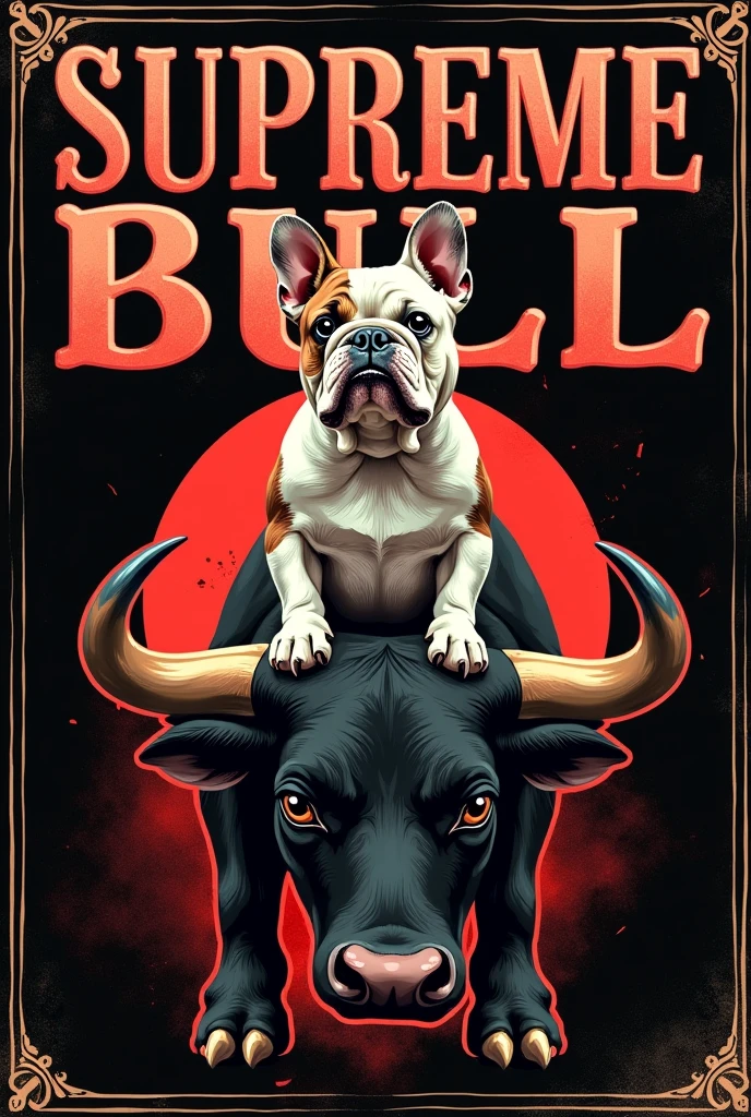 A cover with letters that say Supreme Bull AQP with an image of an English bulldog on a bull, with black and red background 