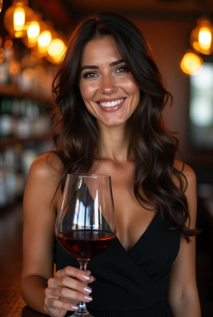 smiling woman in black dress standing in a bar with a glass of wine, brunette woman,  gorgeous woman,  beautiful and smiling, close-up professional portrait, looks like laura barriales, professional closeup photo, attractive brown hair woman, detailed portrait shot, vannessa ives