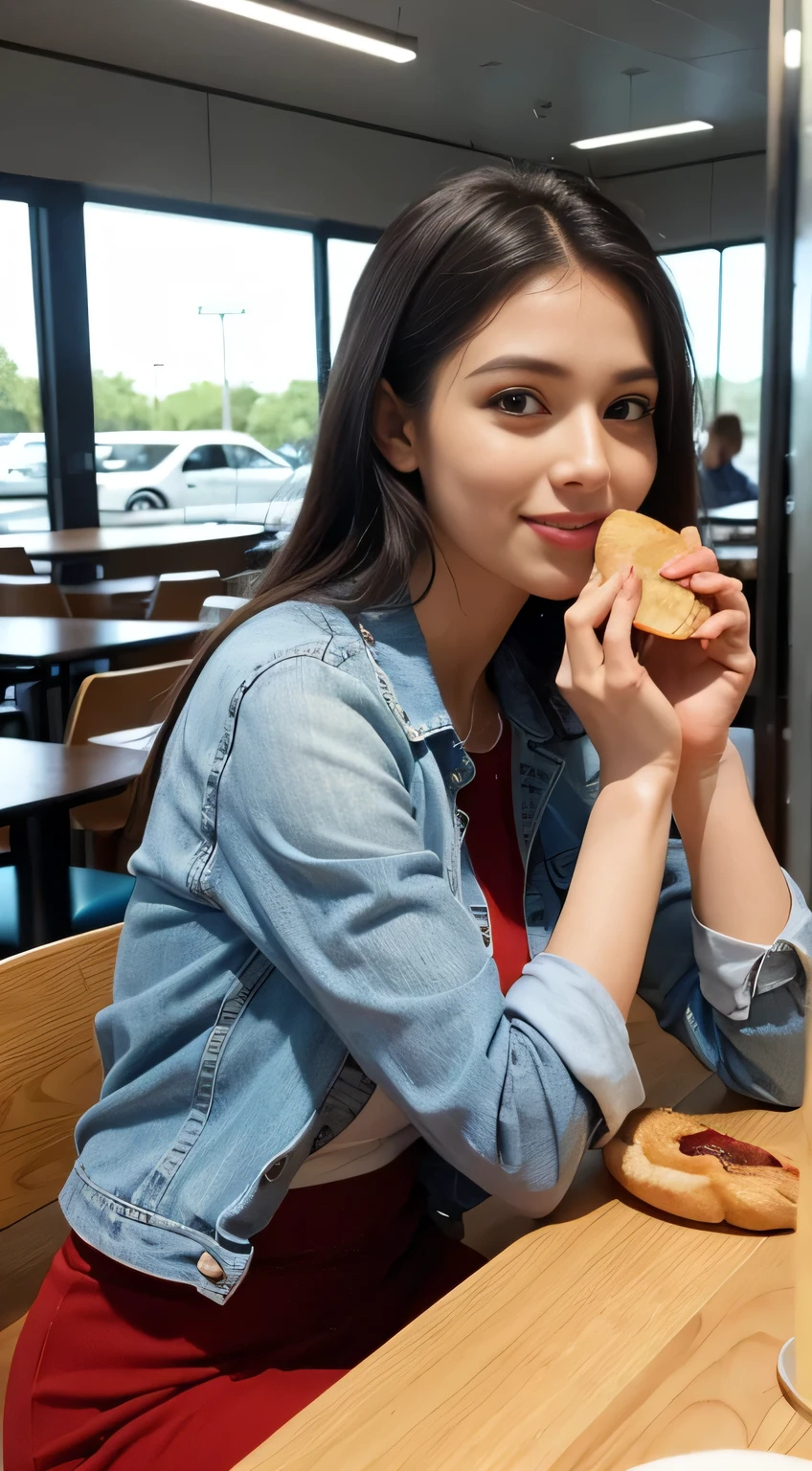Brazilian woman 30 years old eating French baguette in modern cafeteria with blue and red interior. He is very happy, looking at camera. a very detailed, a photo.