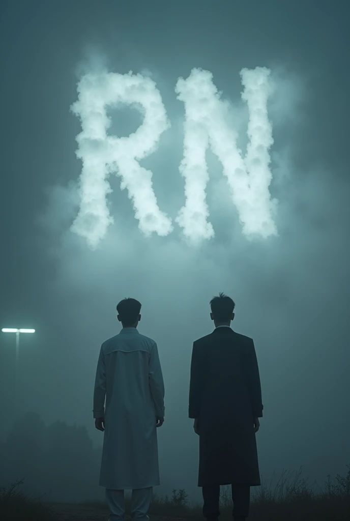 In the center of the image, Large initials 'RN' materialize from white fluffy clouds. The scene is shrouded in a thick night fog that contributes to an eerie and ominous atmosphere.. Spotlight, Two Asian men stand with their backs to the camera, one dressed in white and the other in black. Both figures, with their backs visible, intensify the surreal and disturbing effect of the image. The color palette is somber, with shades of gray, dark blue and black, accentuating the terrifying and enigmatic atmosphere, and evoking a sense of unease and mystery.