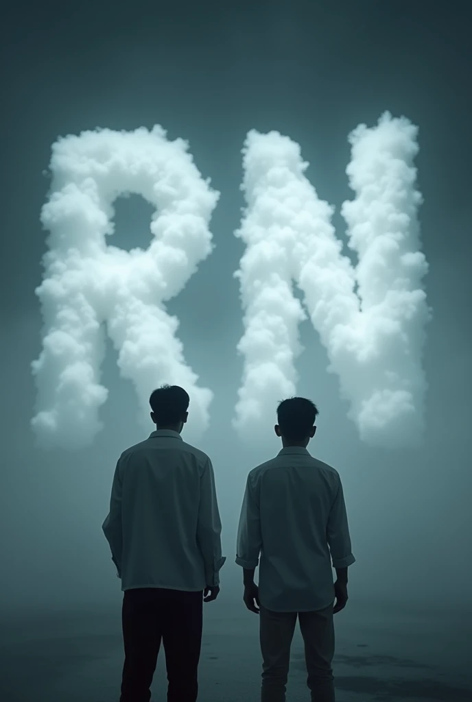 In the center of the image, Large initials 'RN' materialize from white fluffy clouds. The scene is shrouded in a thick night fog that contributes to an eerie and ominous atmosphere.. Spotlight, Two Asian men stand with their backs to the camera, one dressed in white and the other in black. Both figures, with their backs visible, intensify the surreal and disturbing effect of the image. The color palette is somber, with shades of gray, dark blue and black, accentuating the terrifying and enigmatic atmosphere, and evoking a sense of unease and mystery.