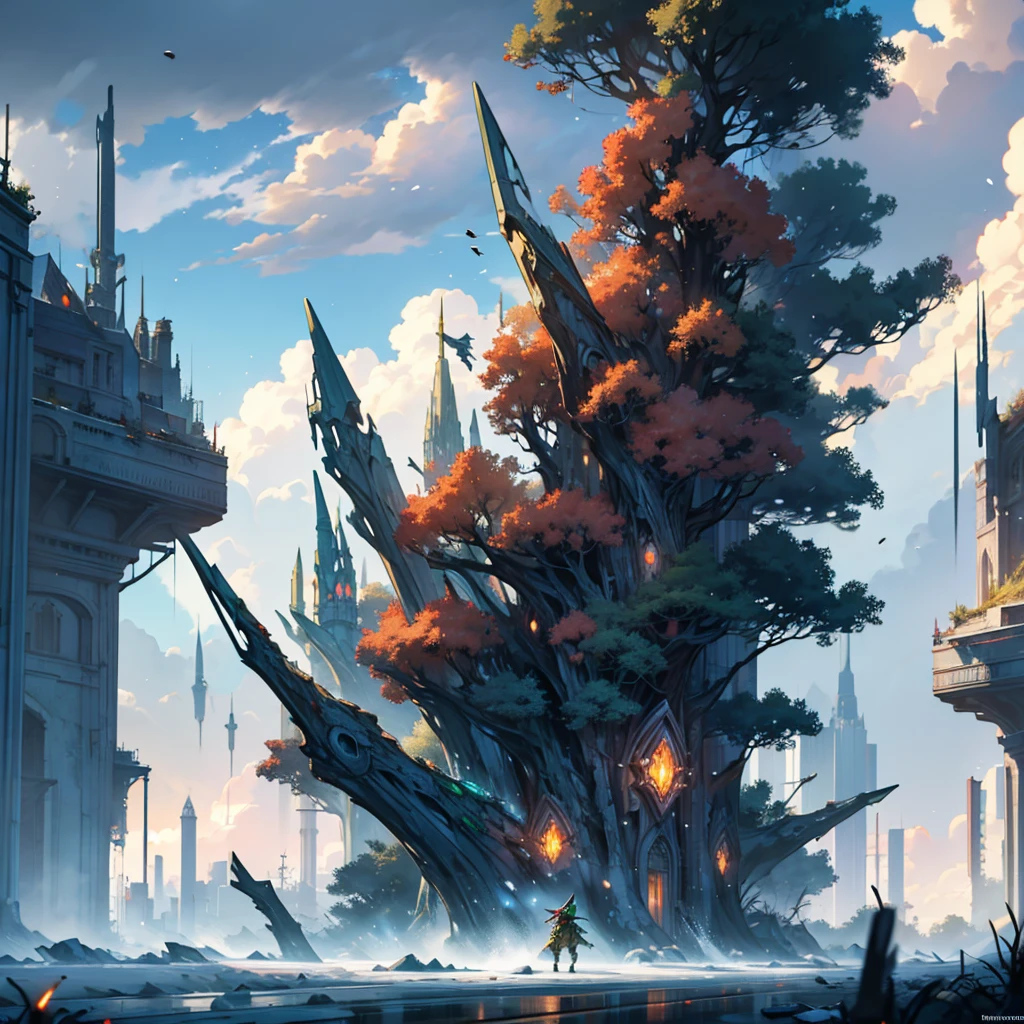 Fragments falling from the sky to a city cloudy sky impacts of alien fragments invasion, Frontline elves in combat spectacular view, great high quality artwork 