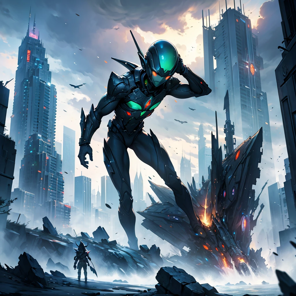 Fragments falling from the sky to a city cloudy sky impacts of alien fragments invasion, Frontline elves in combat spectacular view, great high quality artwork 