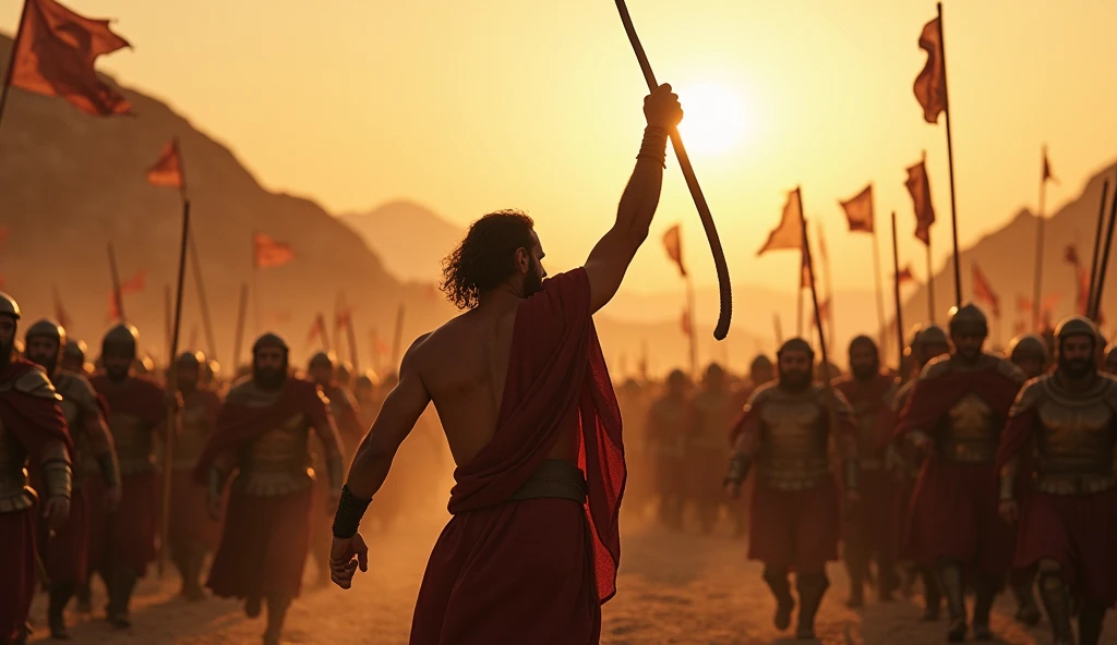 
"Create a stunning cinematic scene of David leading a multitude of warriors on a battle charge, inspired by biblical narratives. The image should capture David in a prominent position, with his famous sling in one hand, as he raises his other hand in a gesture of command and courage. Ao fundo, a crowd of soldiers prepares to advance, with expressions of determination and bravery. The setting should include barren hills and dramatic sunset light., creating an epic atmosphere of tension and anticipation. Additional Elements, like banners in the wind and details of ancient weapons, should be included to enrich the scene."