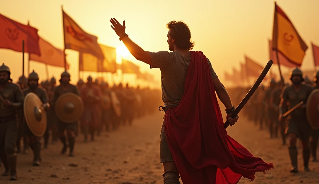 "Create a stunning cinematic scene of David leading a multitude of warriors on a battle charge, inspired by biblical narratives. The image should capture David in a prominent position, with his famous sling in one hand, as he raises his other hand in a gesture of command and courage. Ao fundo, a crowd of soldiers prepares to advance, with expressions of determination and bravery. The setting should include barren hills and dramatic sunset light., creating an epic atmosphere of tension and anticipation. Additional Elements, like banners in the wind and details of ancient weapons, should be included to enrich the scene."