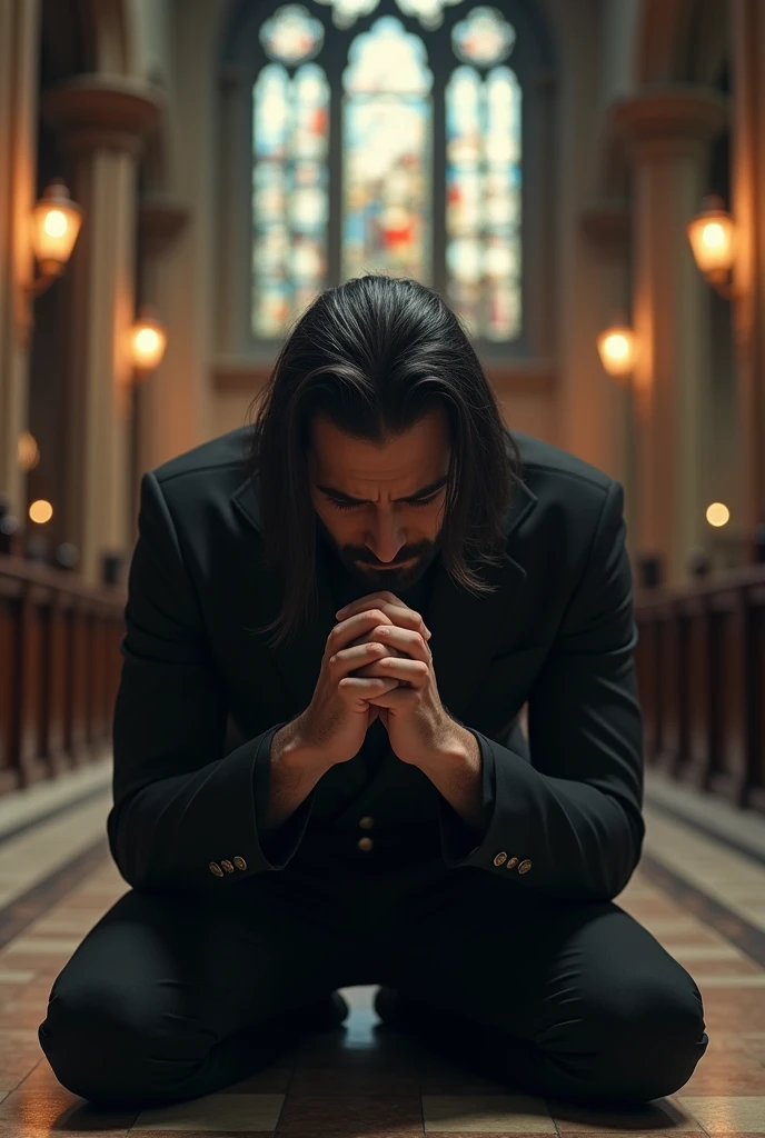 Beautiful  long straight dark hair man short beard on knees praying hands at cathedral on beautiful black suit sad expression, front  face view 