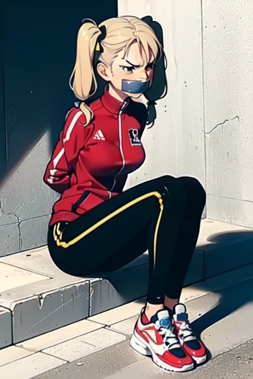 ((1 girl)), ((twin tails)), (sexy),  ((simple_background)), ((concrete floor, concrete wall)), ((underground room)), ((arms behind back)), ((scowl)), ((sitting on the knees)), ((tape gag)),  ((helpless)), ((calm)), ((struggling)), (blue tracksuit,tracksuit,tights pants, long black pants)