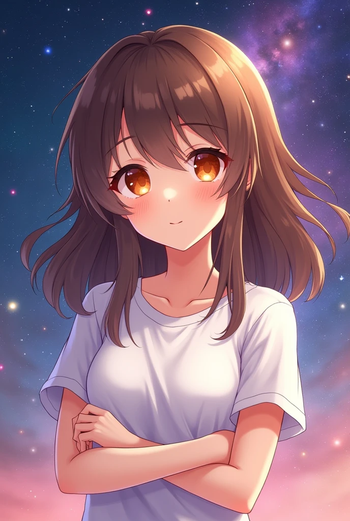 Girl, Brown hair, orange eyes, Crossed arms, in the middle of the cosmos, ((animated style)), White shirt, Soft colors, colorful background, cosmic background, soft strokes