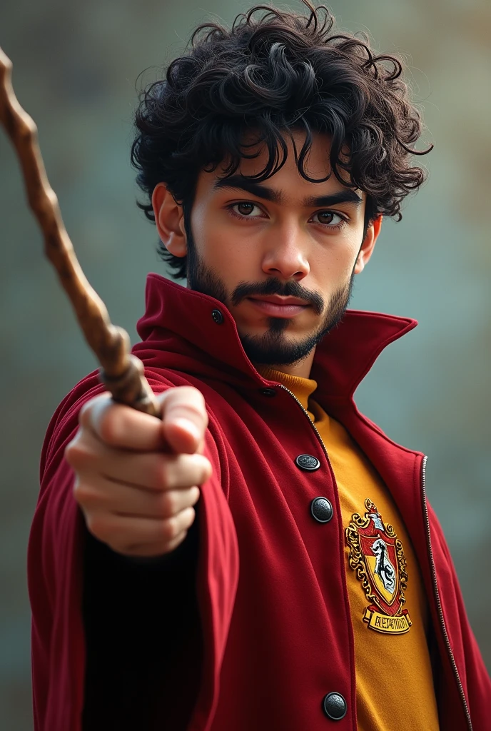 Generate an image of a young Latino, short dark curly hair and short full beard, wearing a Gryffindor uniform and holding a magic wand.